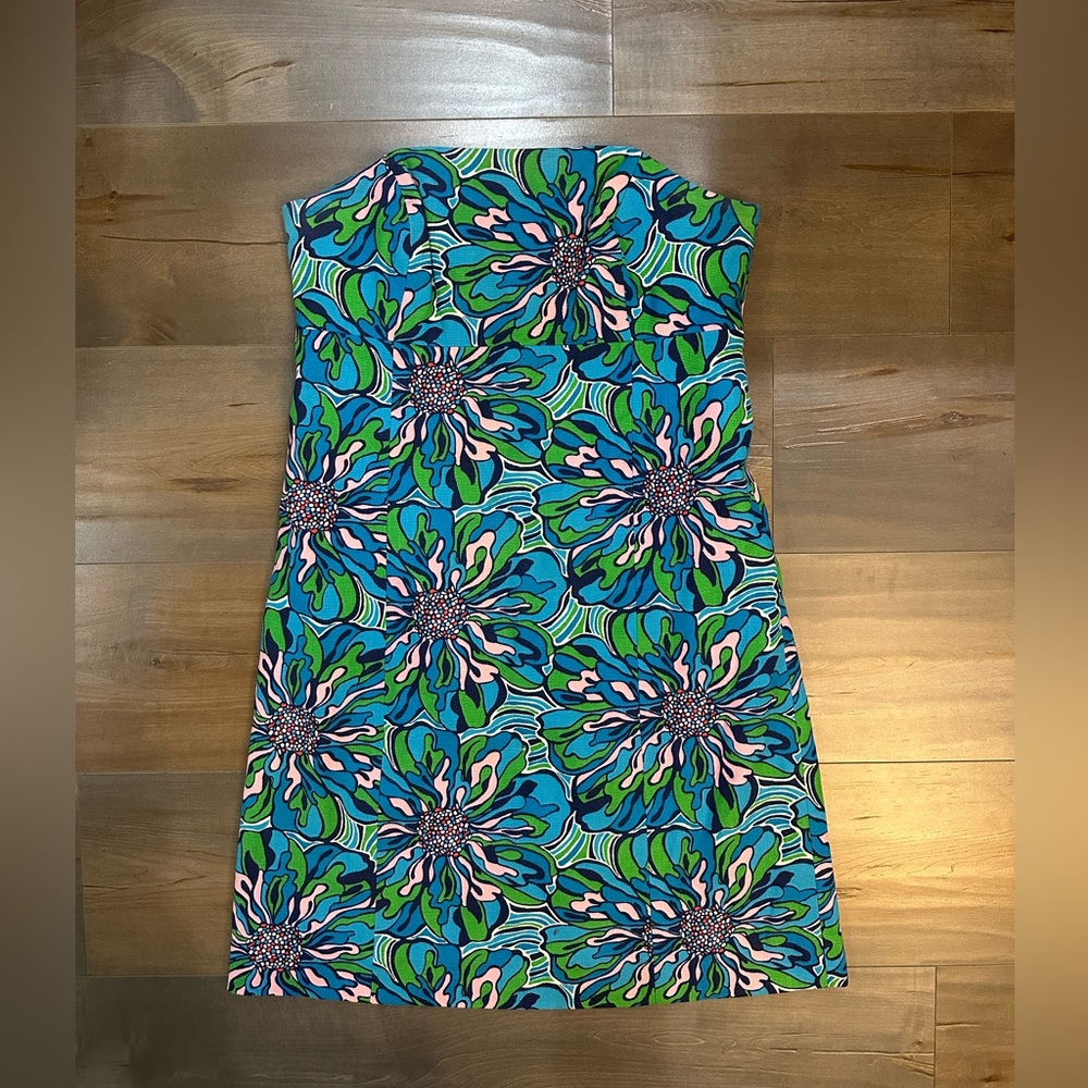 Lilly Pulitzer Blue and Green Strapless Sheath Dress